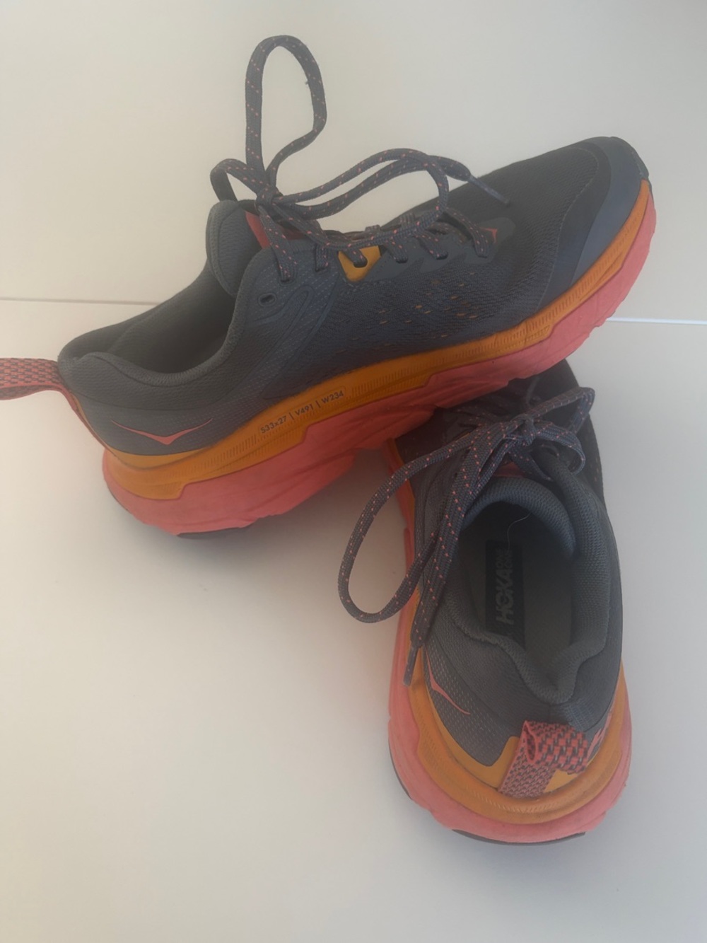 Hoka Women’s Challenger Trail Runners - Gray with Orange and Pink